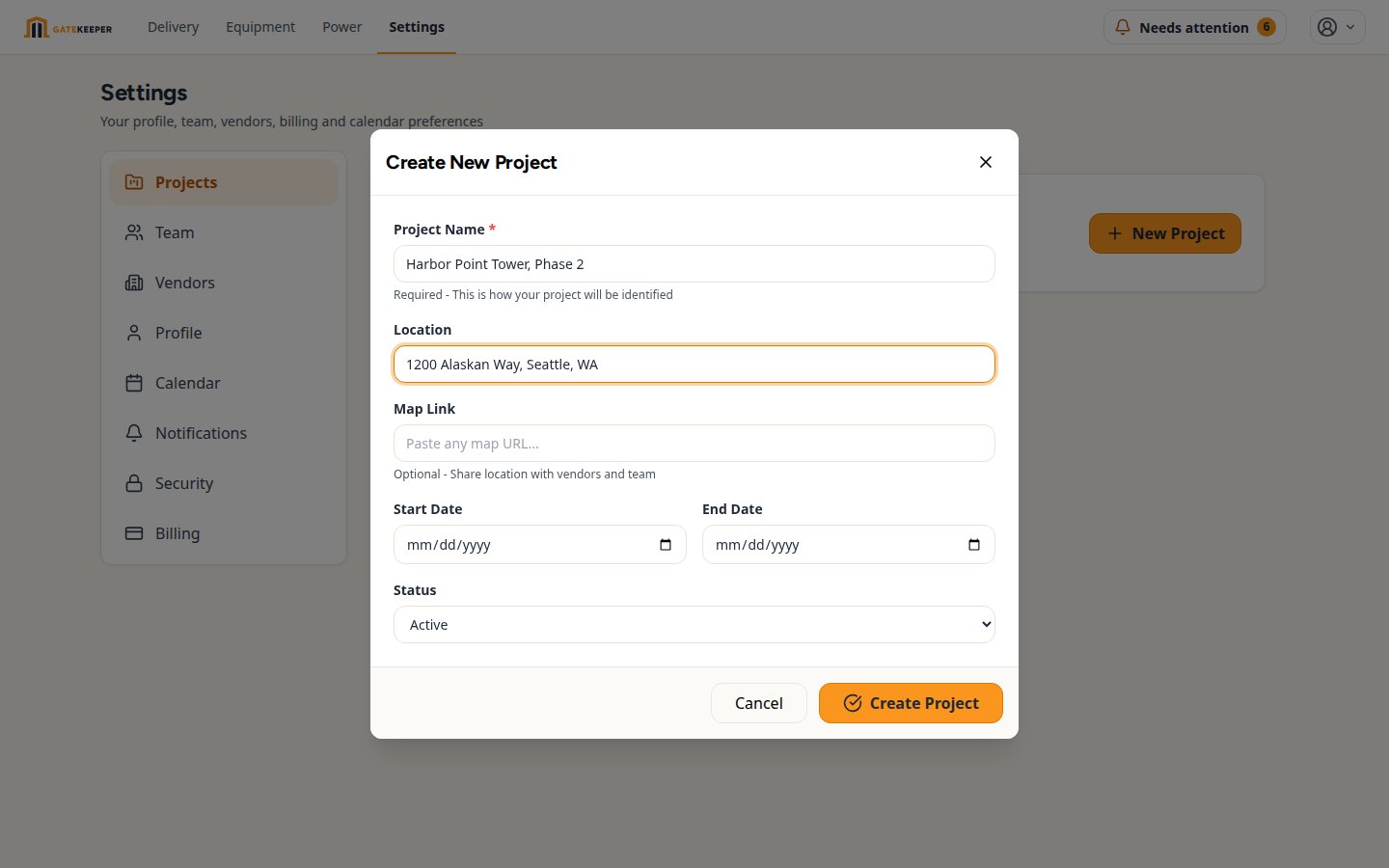 Creating a new project in GateKeeper