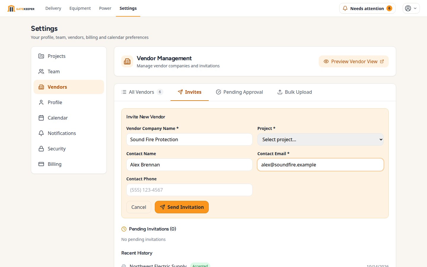 Inviting a vendor via email link
