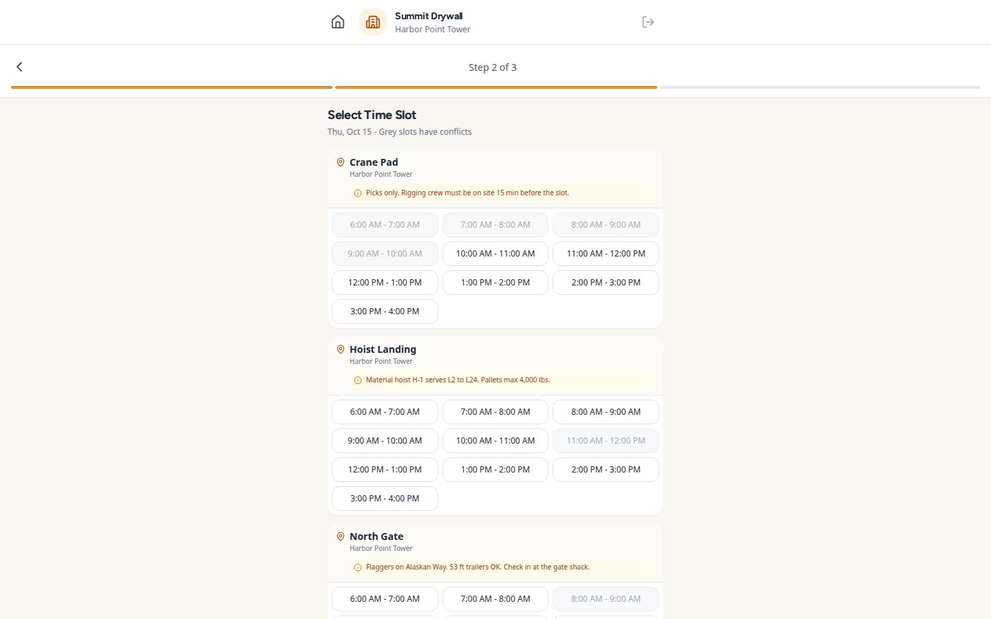 Vendor Portal booking view with available time slots